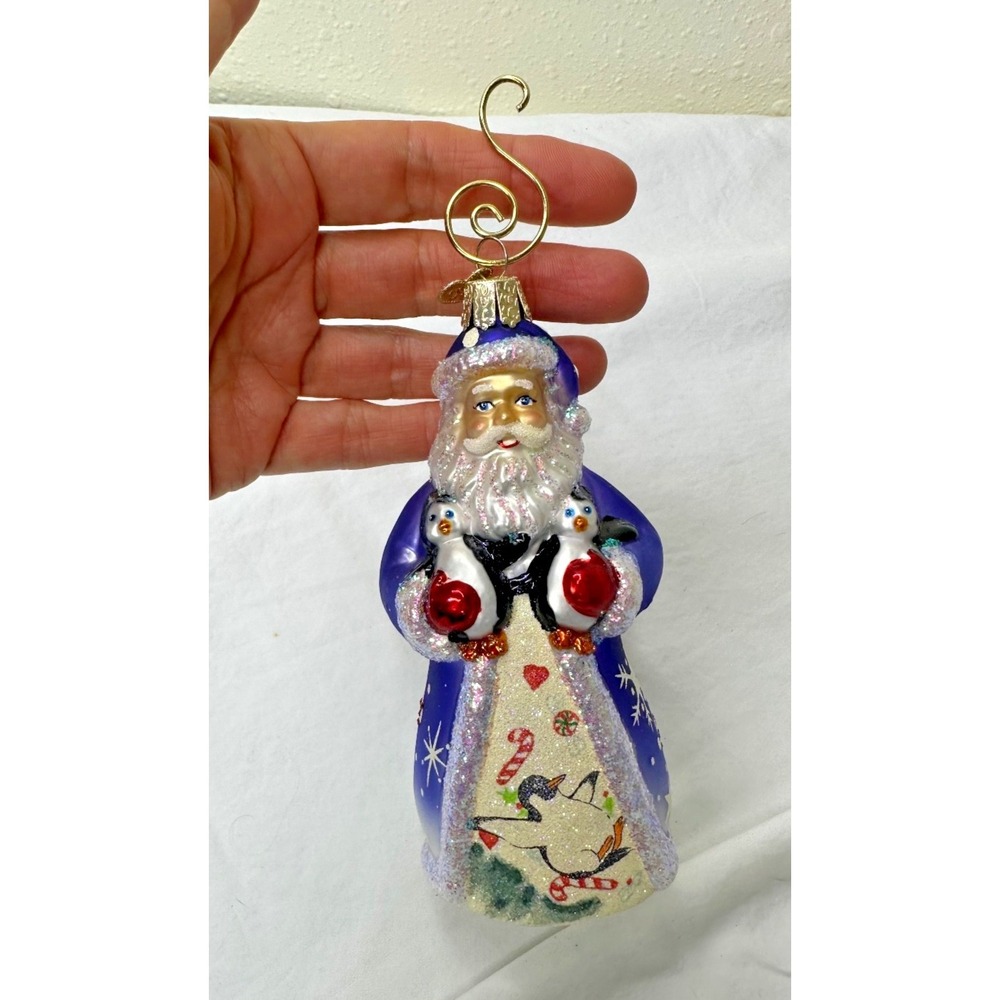Santa Penguins Christmas Ornament Glitter Glass Blown Old World Father Purple